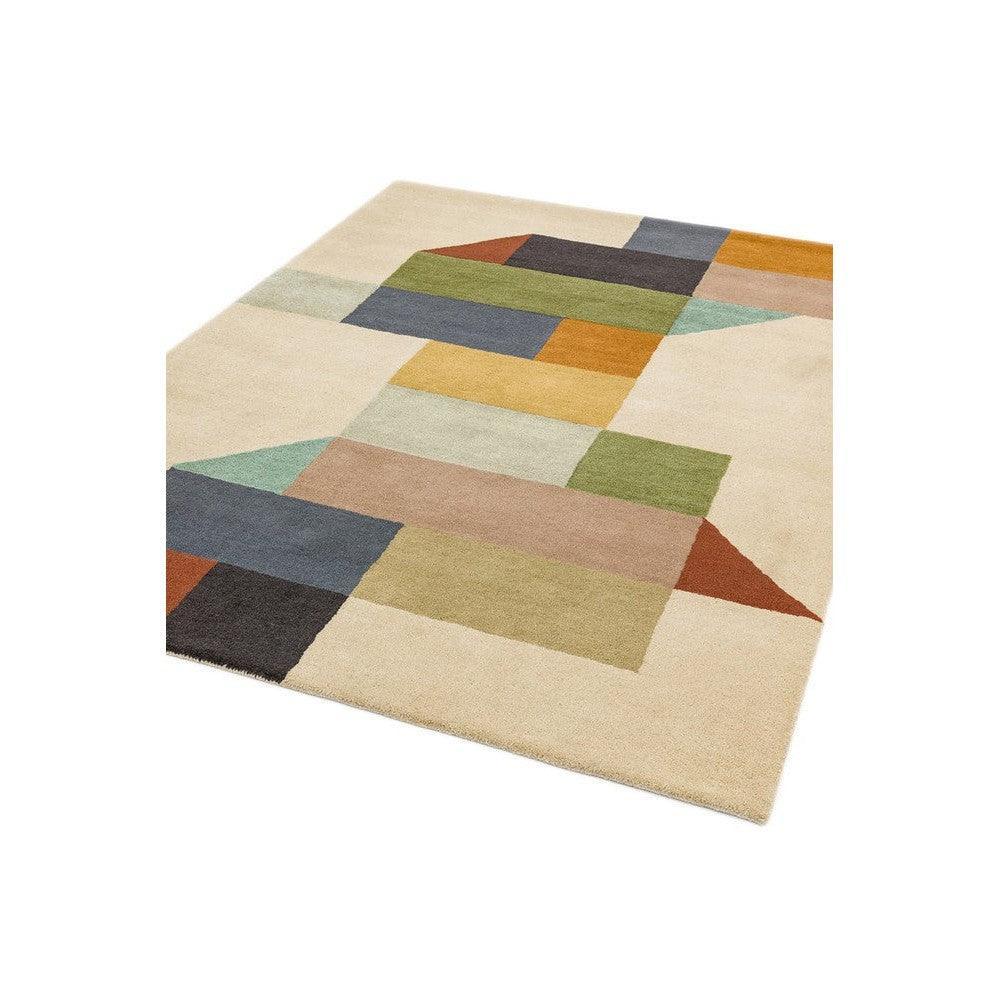 Asiatic Modern Multi Designer Rug featuring geometric blocks in navy, sage, mustard, orange, pink on cream, hand-tufted wool