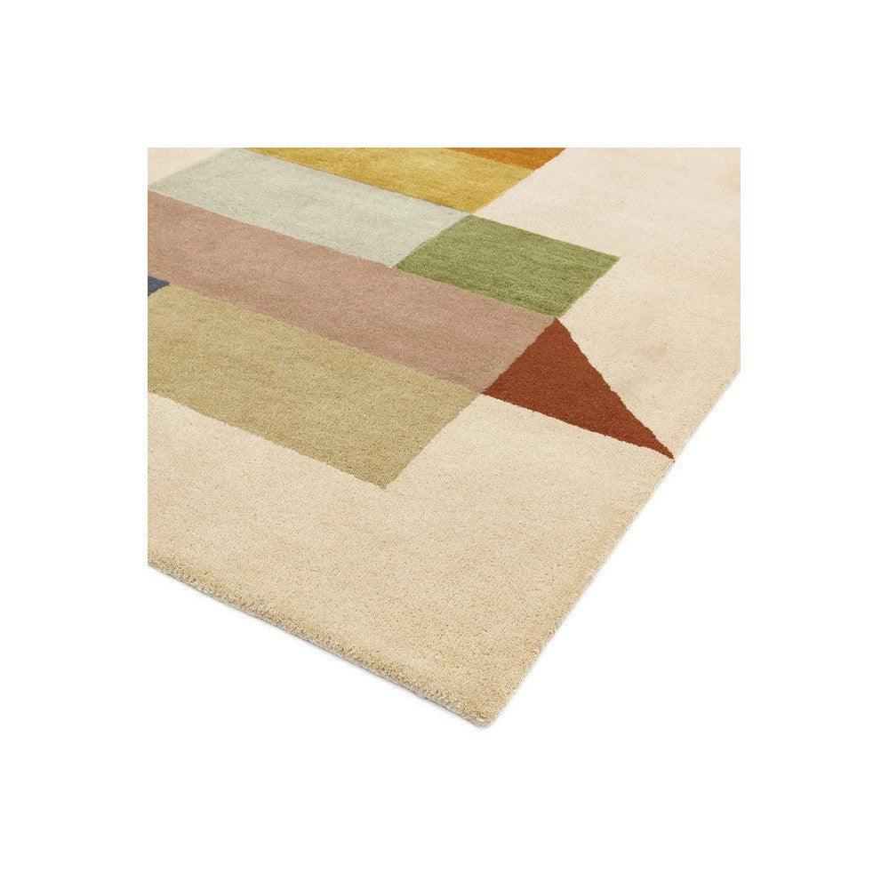 Asiatic Modern Multi Designer Rug featuring geometric color blocks in cream, yellow, blue, green, pink and rust; hand-tufted wool