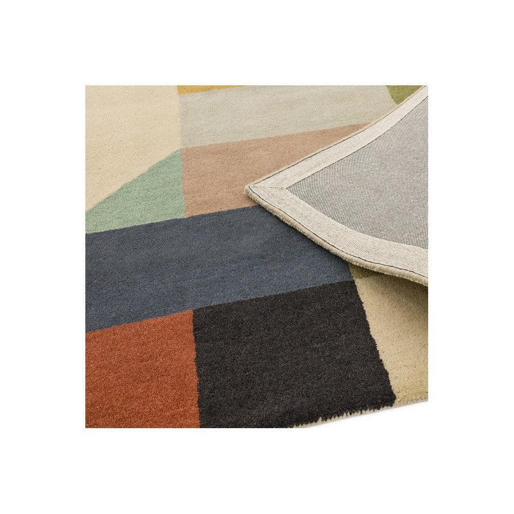 Asiatic Modern Multi Designer Rug featuring geometric patchwork in beige, cream, sage, mint, navy, charcoal, burnt orange on light beige background, woven wool
