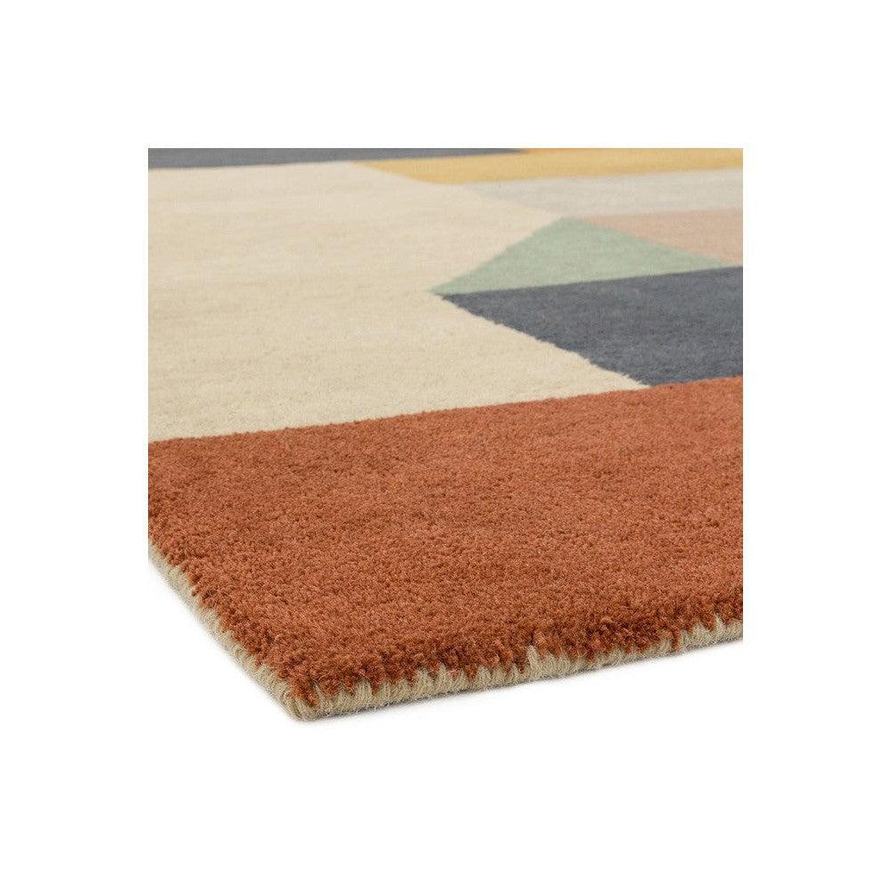 Asiatic Modern Multi Designer Rug featuring geometric color-block pattern in burnt orange, cream, sage, navy on beige background, hand-tufted wool