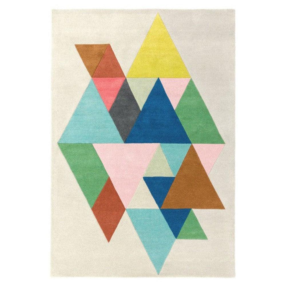 Asiatic Triangle Multi Designer Rug featuring geometric triangle pattern in yellow, pink, teal, navy blue and green on cream background, hand-tufted wool