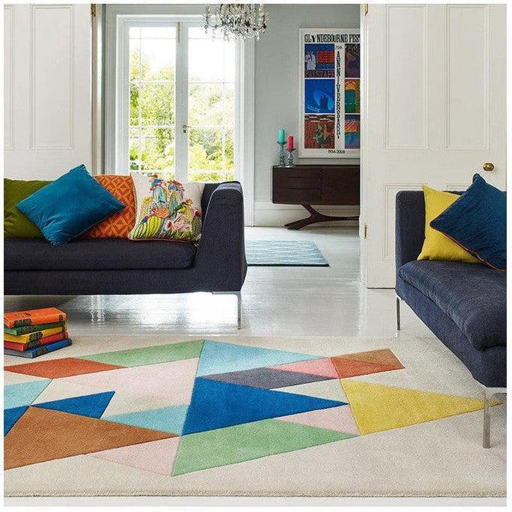 Asiatic Triangle Multi Designer Rug featuring geometric triangles in cobalt blue, pink, lime and yellow on cream background, machine-made polyester