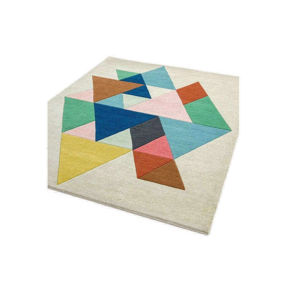 Asiatic Triangle Multi Designer Rug featuring geometric triangle pattern in pink, teal, navy, yellow on ivory background, hand-tufted wool