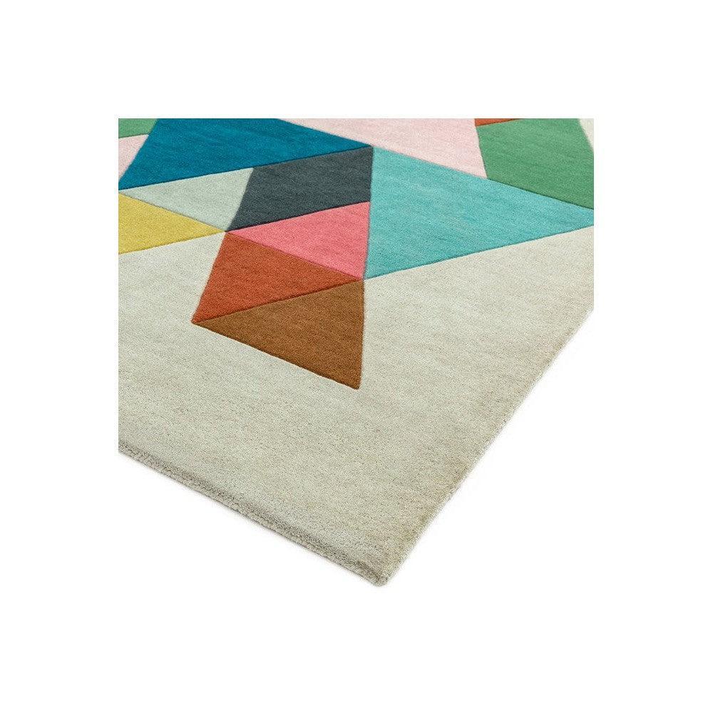 Asiatic Triangle Multi Designer Rug featuring geometric triangles in teal, turquoise, pink, yellow, navy on cream, hand-tufted wool