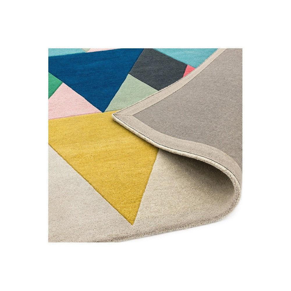 Asiatic Triangle Multi Designer Rug featuring geometric triangular pattern in blue, teal, pink, green and yellow on light beige background, hand-tufted wool