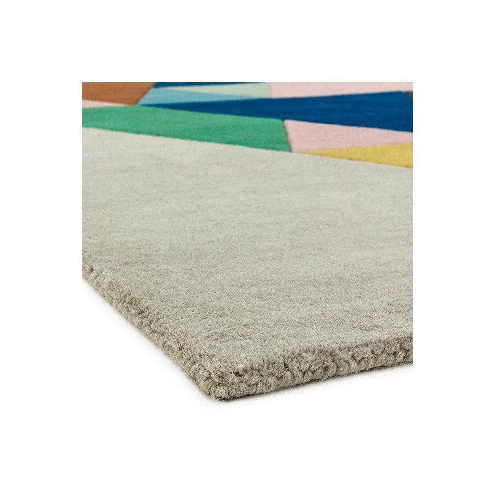 Asiatic Triangle Multi Designer Rug featuring geometric triangle pattern in emerald green, turquoise, royal blue, pink and yellow on cream background, hand-tufted wool