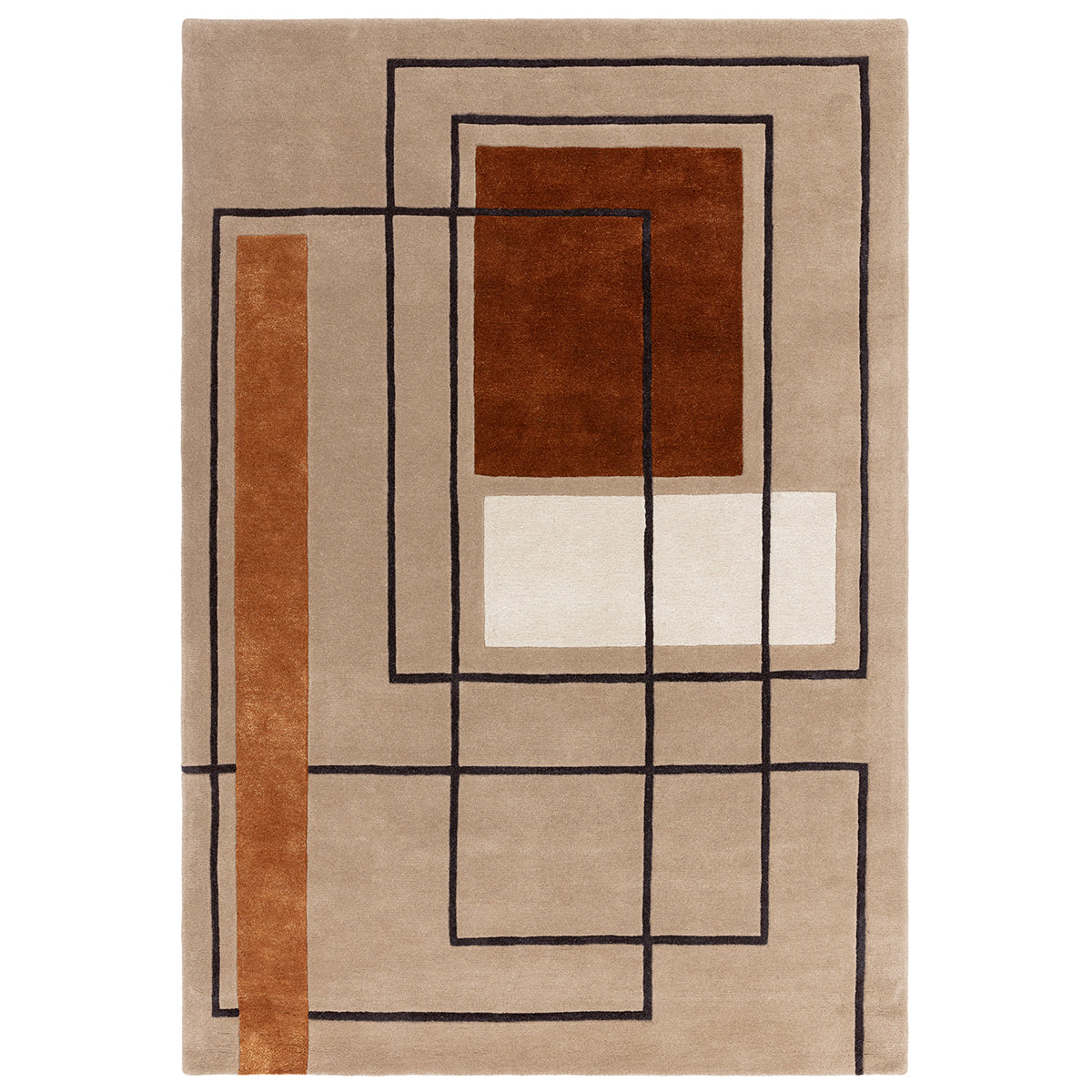 Rug with geometric design featuring brown, beige, and black colors on a white background