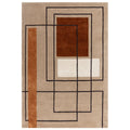 Rug with geometric design featuring brown, beige, and black colors on a white background