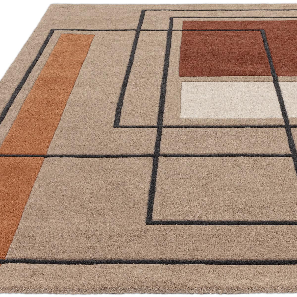 Asiatic Reef Outline Terracotta Designer Rug featuring geometric reef-outline pattern in terracotta, cream, beige and black on warm beige, hand-tufted wool