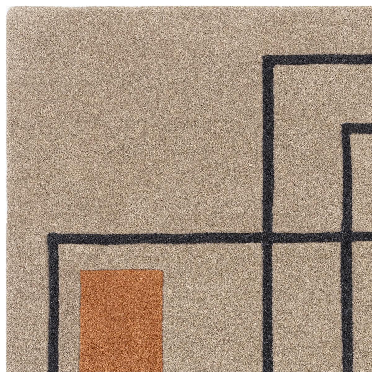 Asiatic Reef Outline Terracotta Designer Rug featuring geometric pattern in terracotta, black and beige on beige background, hand-tufted wool