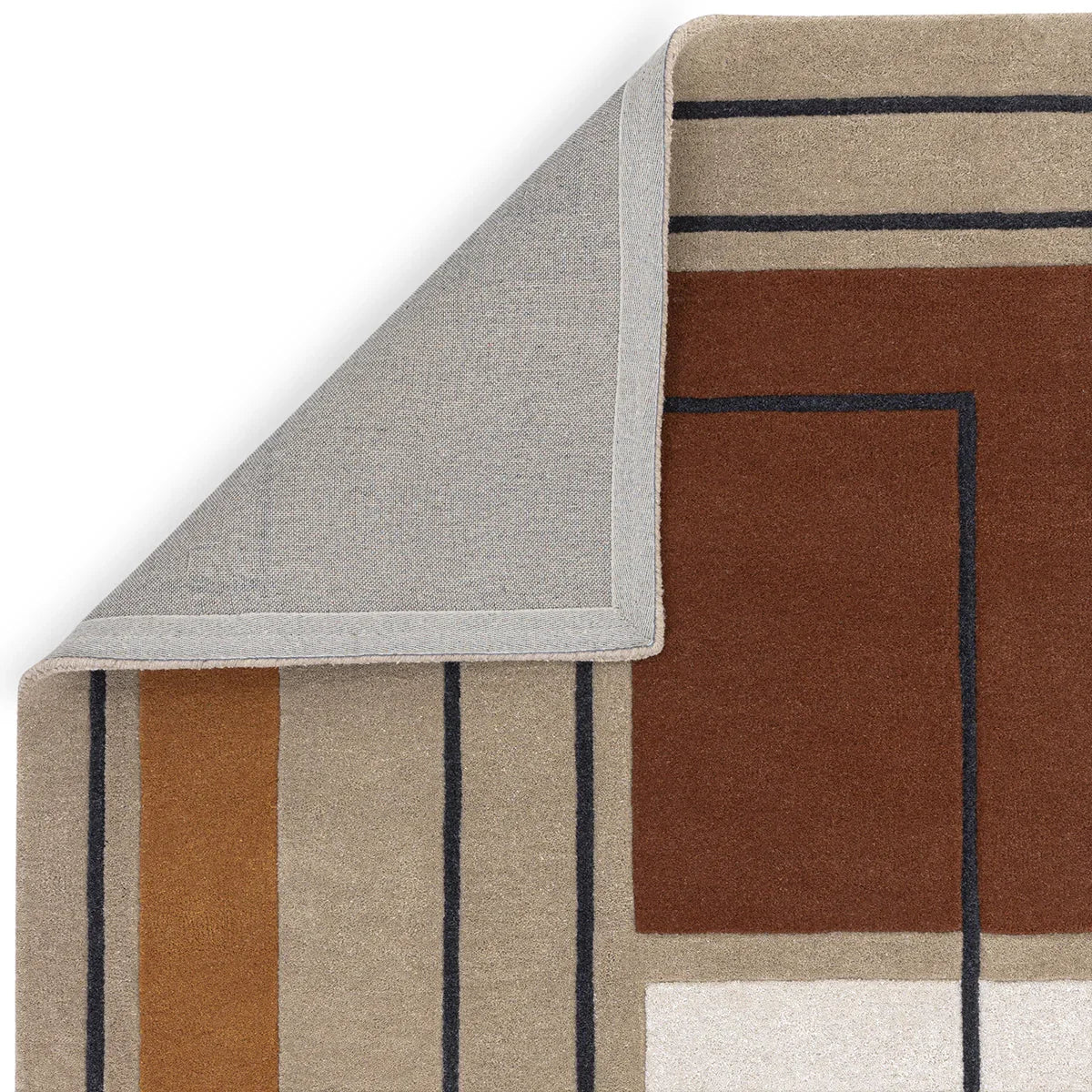 Asiatic Reef Outline Terracotta Designer Rug featuring abstract geometric reef pattern in terracotta, beige, cream and navy on taupe, hand-tufted wool