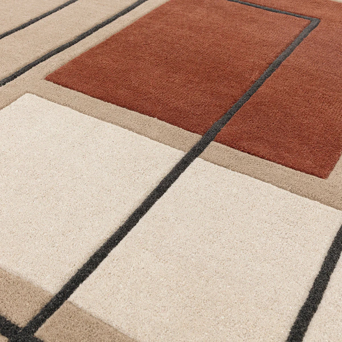 Asiatic Reef Outline Terracotta Designer Rug featuring geometric outline pattern in terracotta, cream beige and charcoal on cream background, machine-made polypropylene