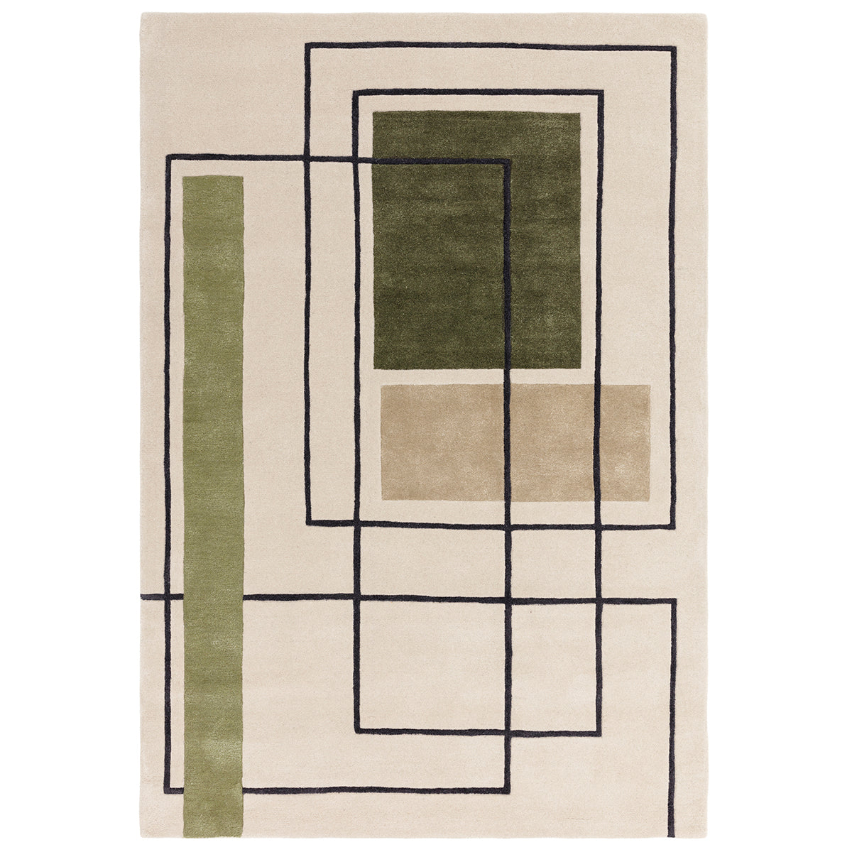 Geometric patterned rug with green, brown, and beige colors on a white background