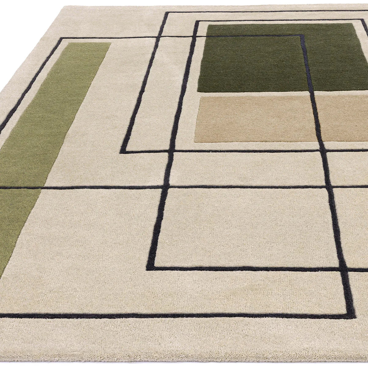 Asiatic Reef 21 Outline Khaki Rug featuring geometric outline in khaki, olive green and beige on cream background, hand-tufted wool