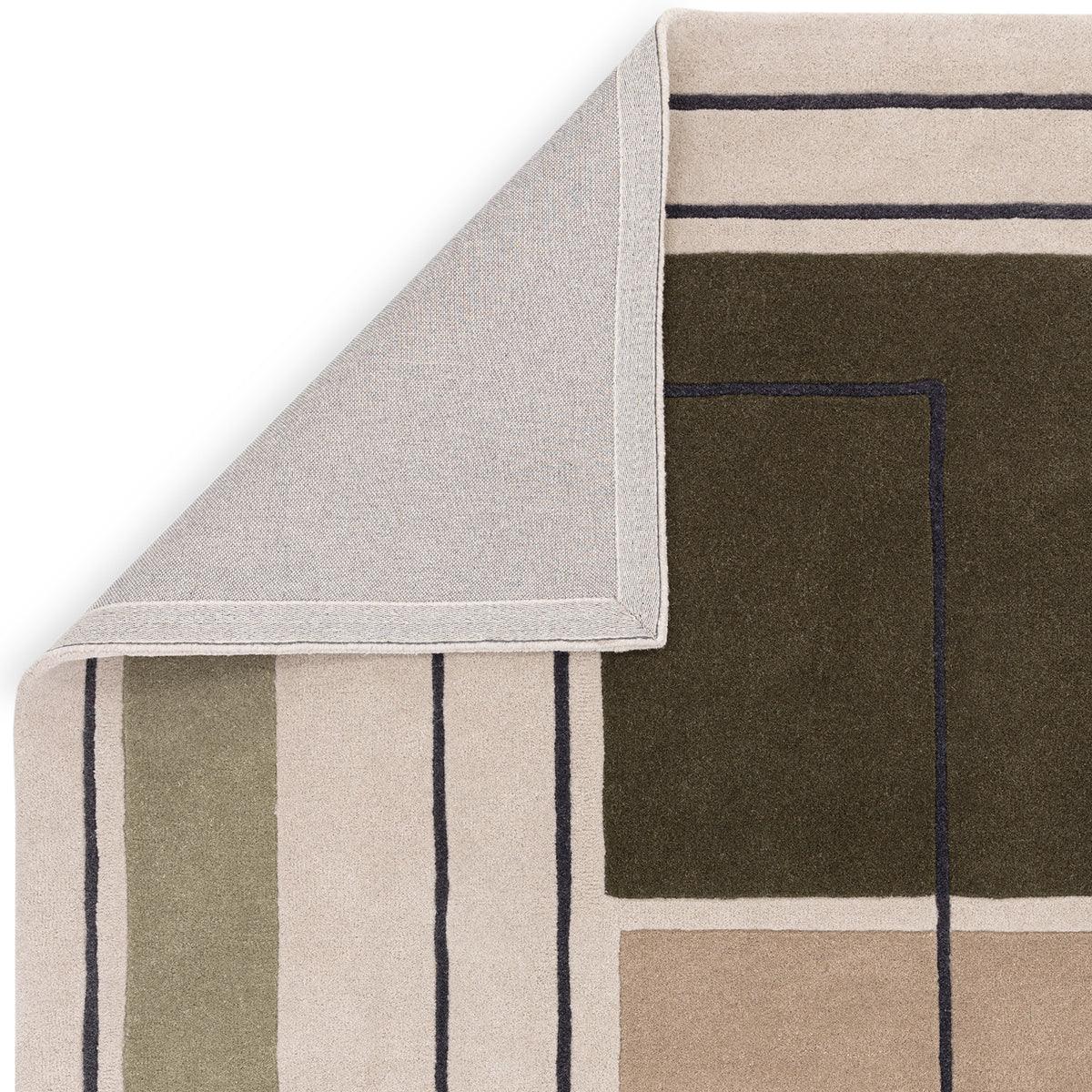 Asiatic Reef 21 Outline Khaki rug featuring geometric blocks in khaki, olive, cream and navy on beige background, hand-tufted wool