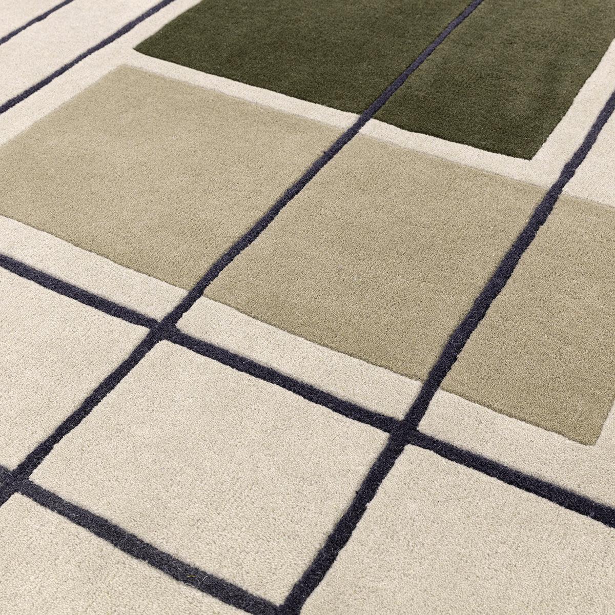 Asiatic Reef Outline Khaki Designer Rug featuring a geometric grid in khaki, beige and olive with navy lines on cream, hand-tufted wool