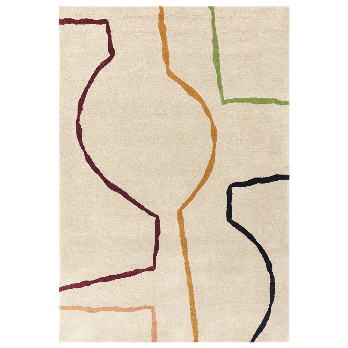 Beige rug with colorful abstract line patterns on a white background
