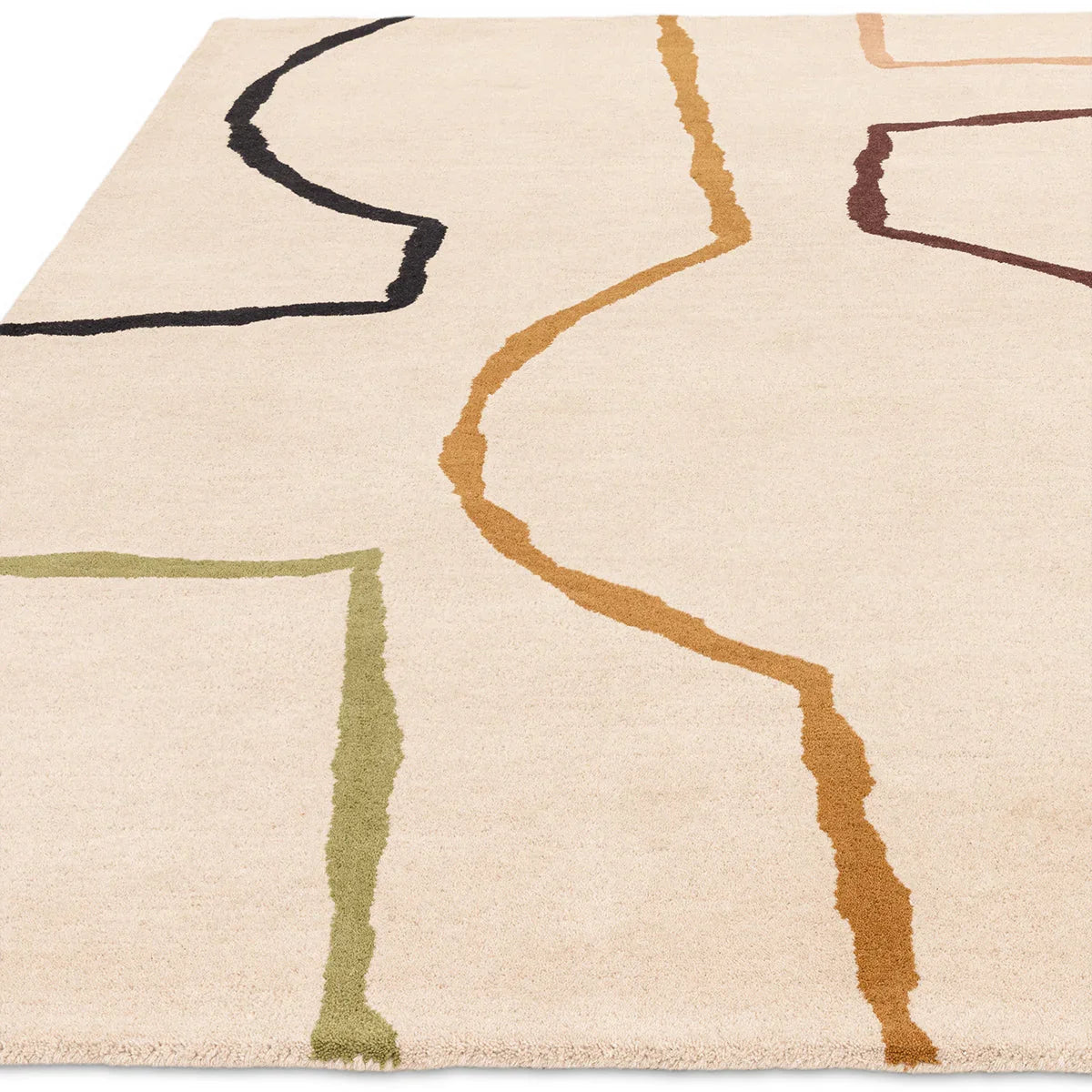 Asiatic Reef Linear Multi Designer Rug featuring abstract line pattern in black, olive green, mustard and rust on cream background, hand-tufted wool