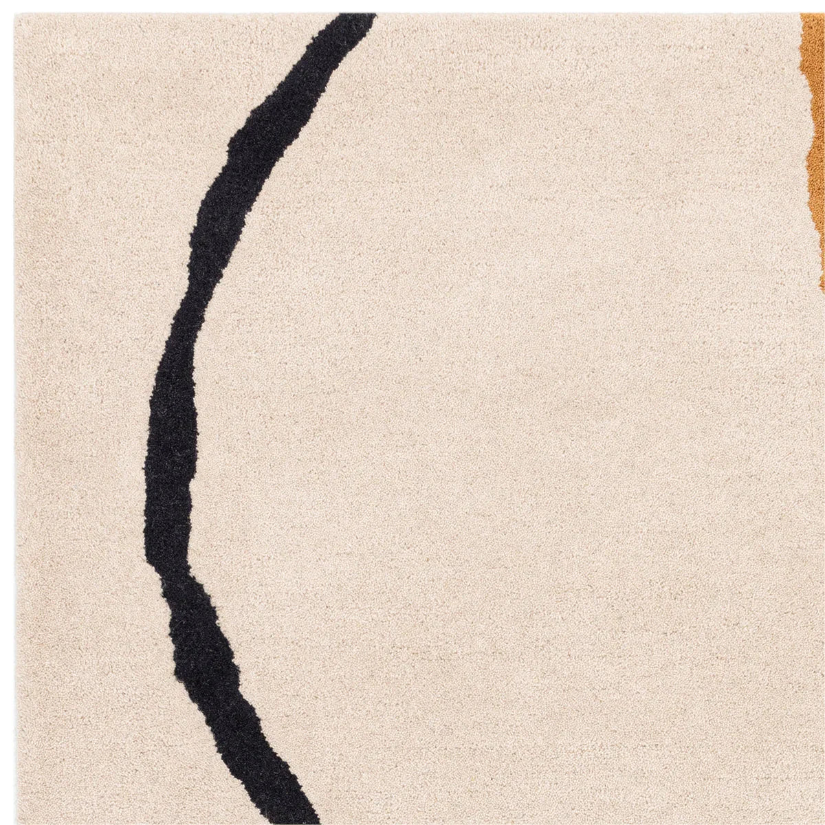 Asiatic Reef Linear Multi Designer Rug featuring abstract curved line in black and burnt orange on beige background, hand-tufted wool