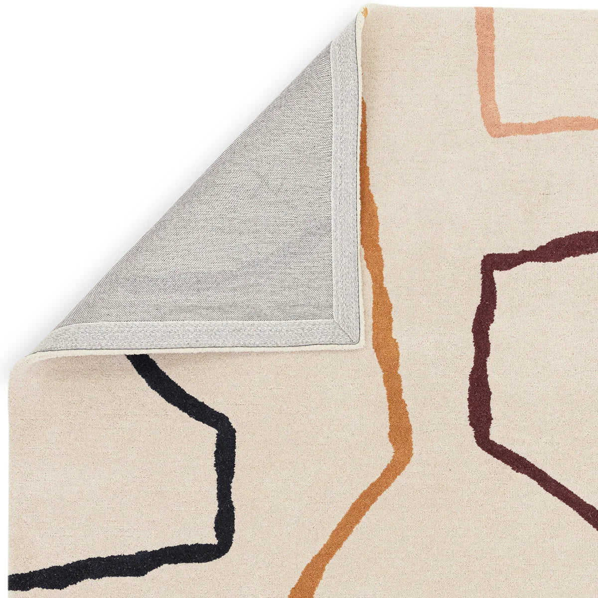 Asiatic Reef Linear Multi Rug featuring linear reef pattern in black, dark maroon, burnt orange and peach on cream background, machine-woven wool