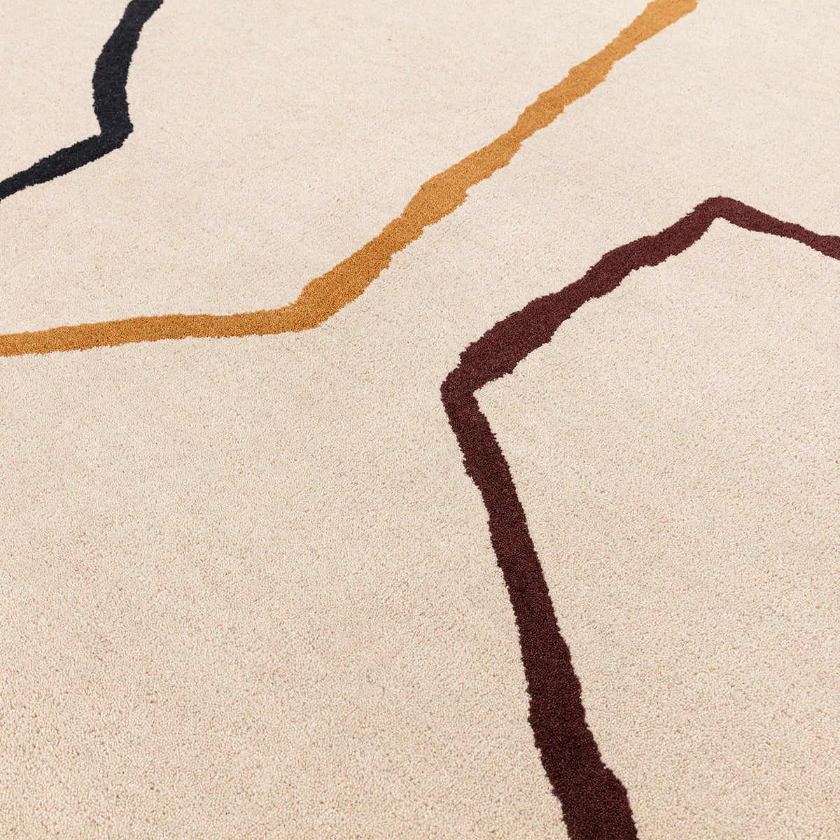 Asiatic Reef Linear Multi Designer Rug featuring linear reef pattern in navy blue, mustard and burgundy on beige background