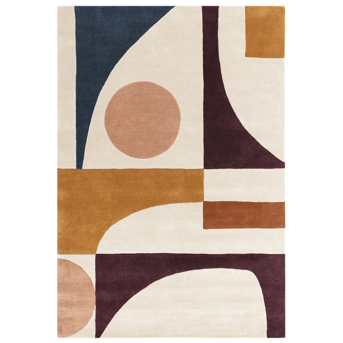 Geometric patterned rug with abstract shapes on a white background