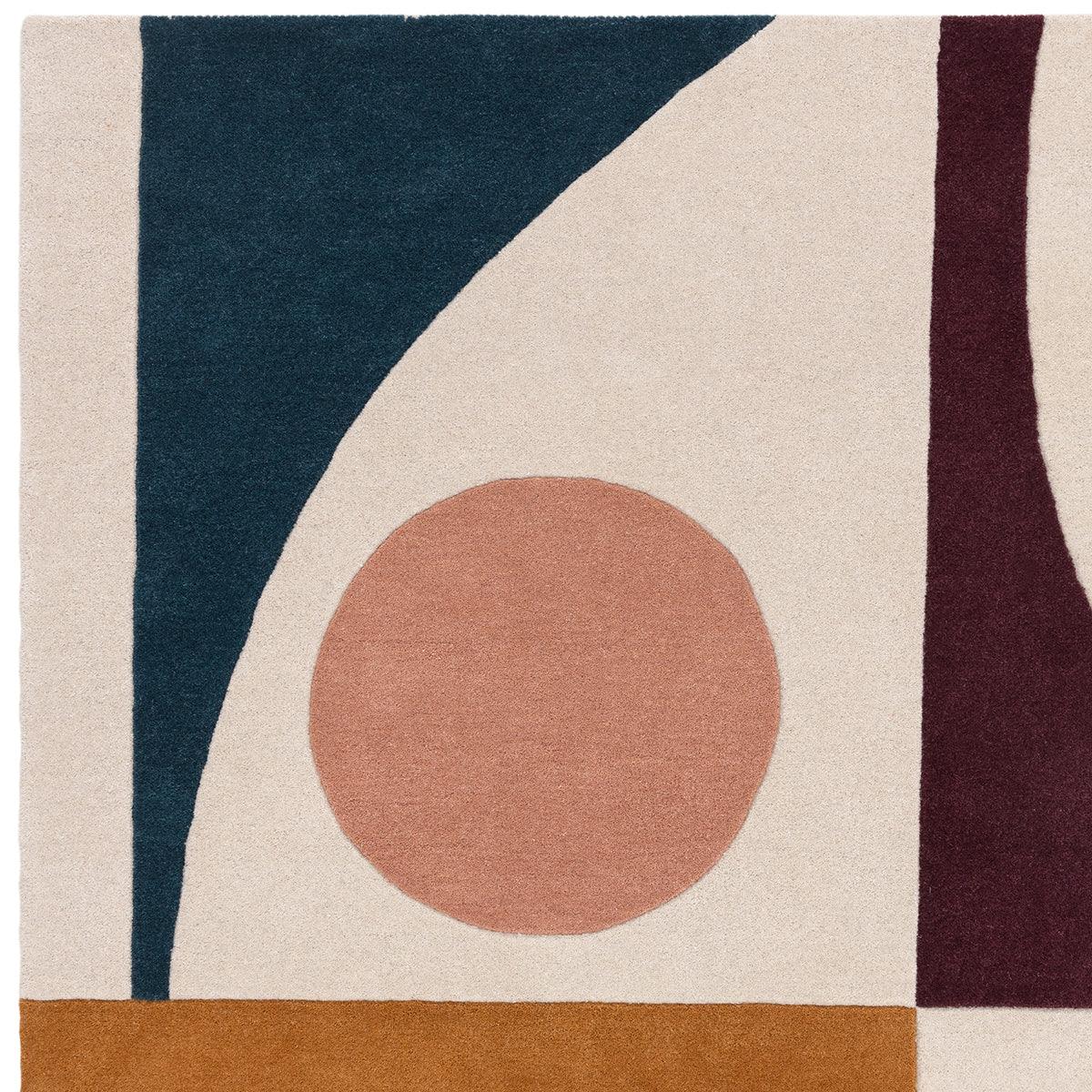 Asiatic Reef Connect Multi rug with abstract geometric pattern in navy, cream, dusty pink, burgundy and mustard on cream, machine-made wool