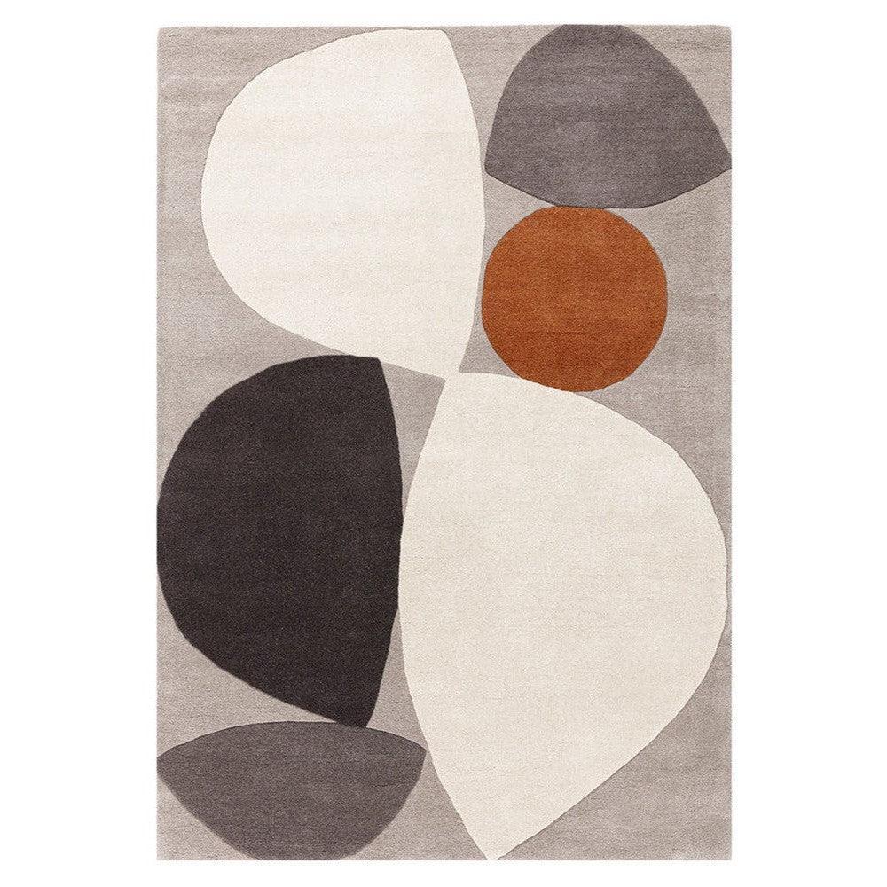 Asiatic Mid Century Grey Designer Rug featuring abstract geometric shapes in cream, charcoal, rust on light grey backdrop, hand-tufted wool