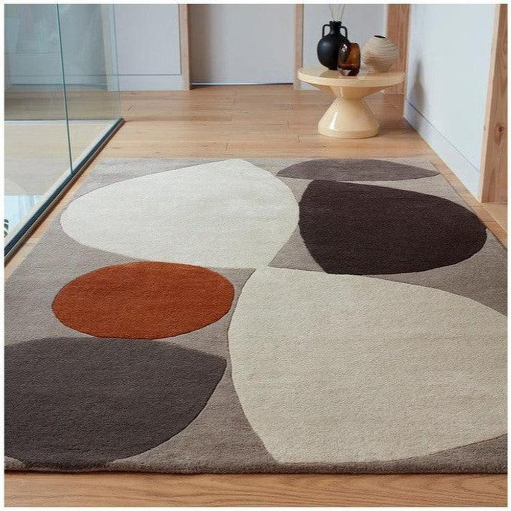 Asiatic Mid Century Grey Designer Rug featuring abstract circle pattern in cream, beige, taupe, charcoal and burnt orange on light grey, machine-made wool blend