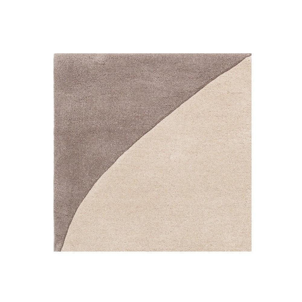 Asiatic Mid Century Grey Designer Rug featuring abstract curved two-tone block in taupe and beige on light grey, hand-tufted wool