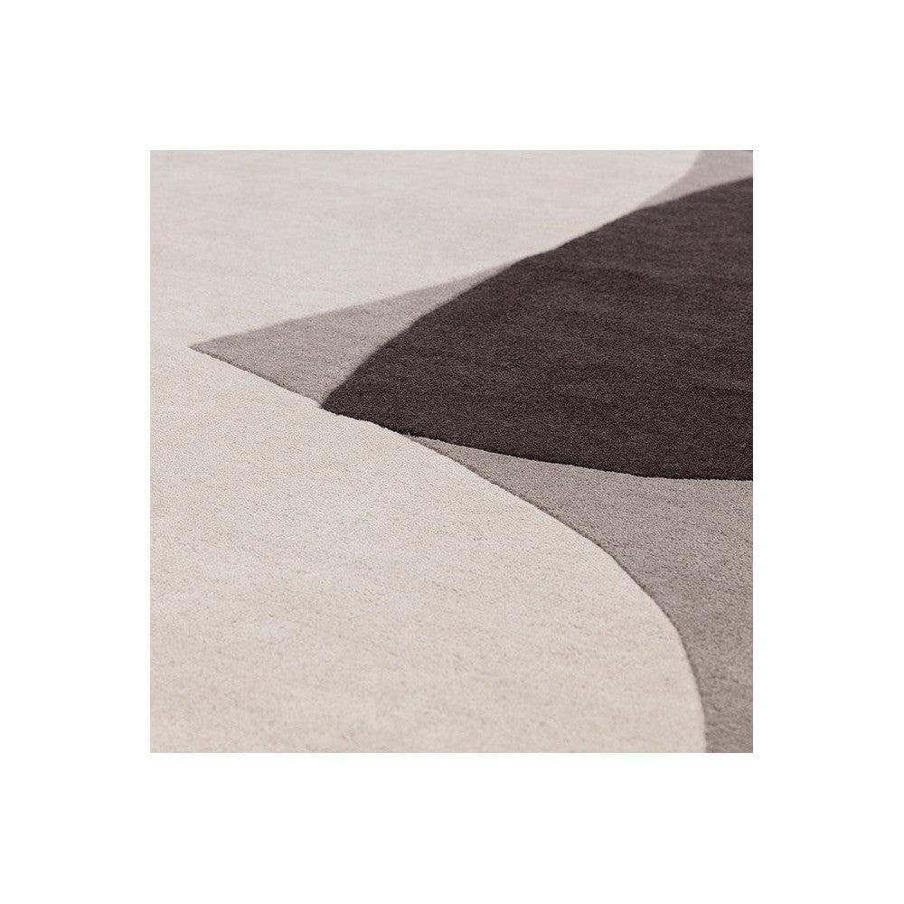 Asiatic Mid Century Grey Designer Rug featuring abstract curved pattern in charcoal grey, taupe and cream on beige background, hand-tufted wool