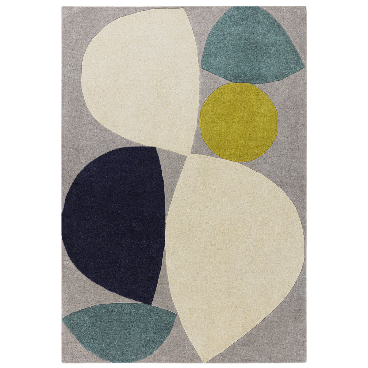 Rug with abstract design of colorful shapes on a gray background