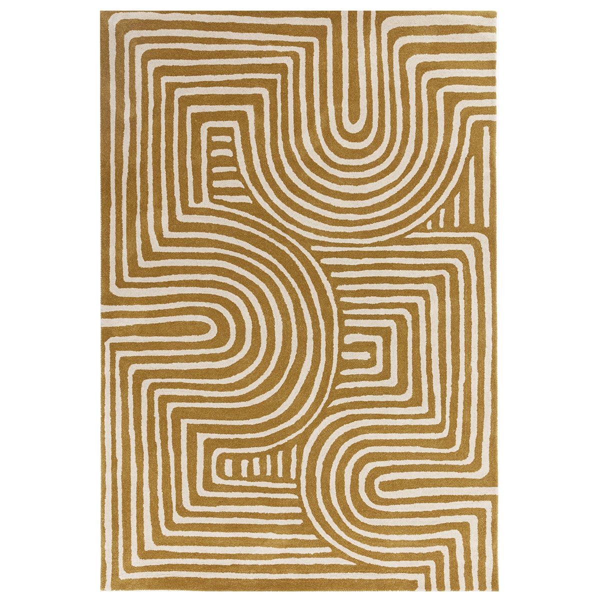 Rug with brown and beige abstract pattern on a white background