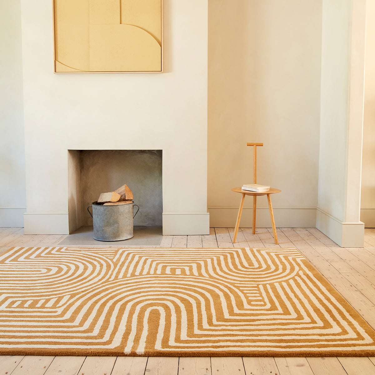 Rug with wavy pattern in a room with a fireplace and wooden stool.