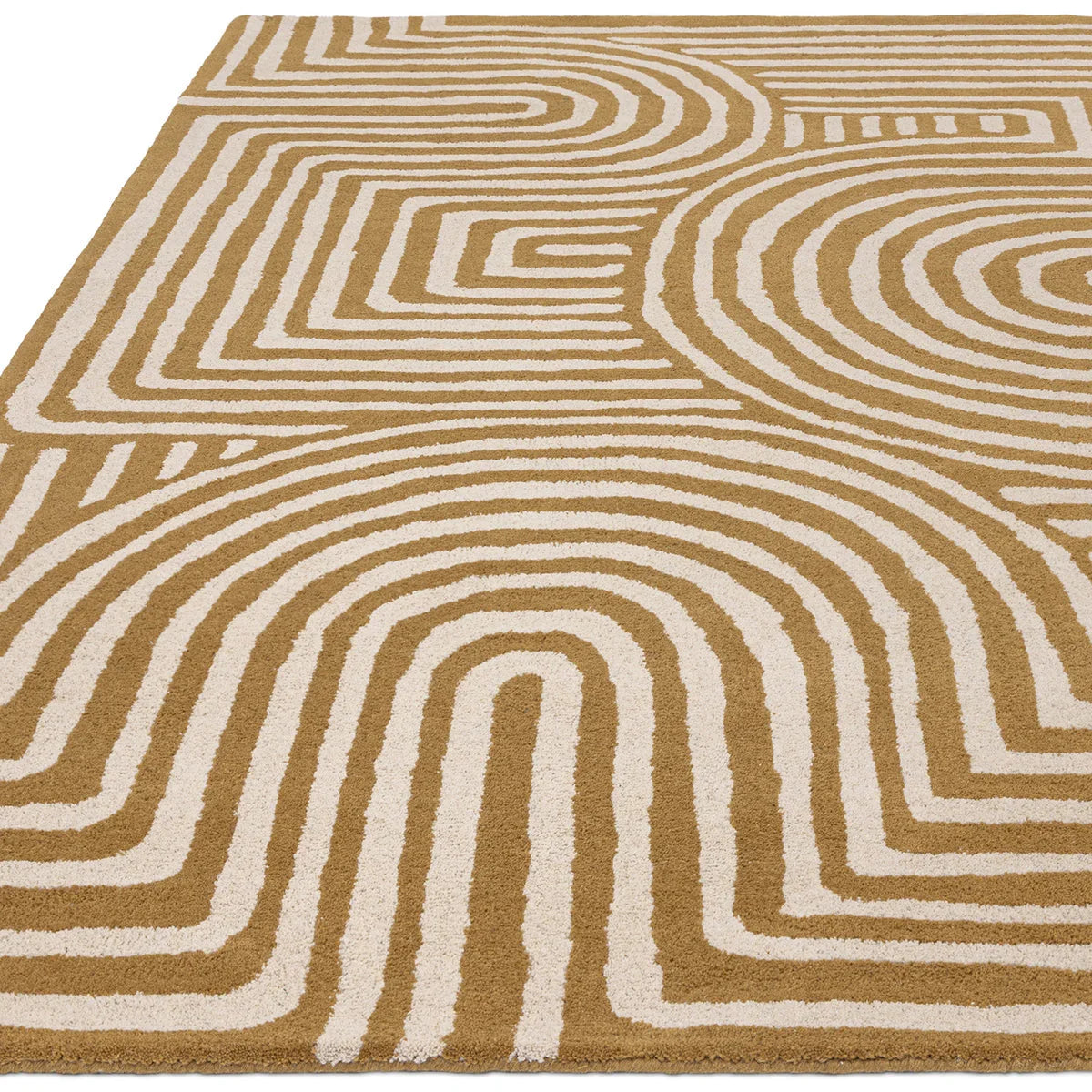 Asiatic Reef Curve Ochre rug featuring curved maze pattern in ochre and ivory on cream background, construction unknown, material unknown