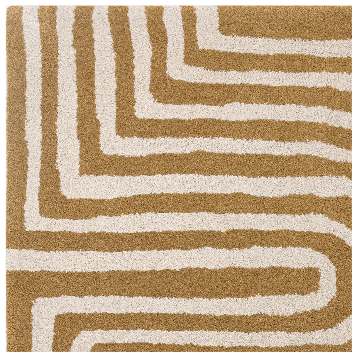 Asiatic Reef Curve Ochre Rug featuring geometric curved stripe pattern in ochre and cream on warm beige background, Asiatic Carpets London