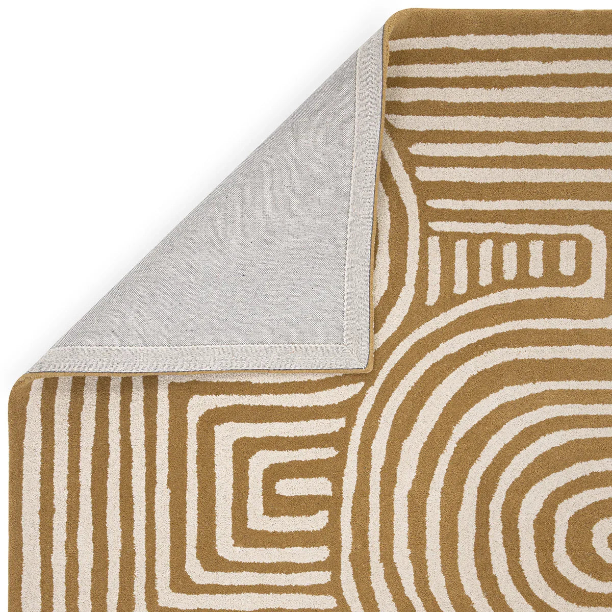 Asiatic Reef Curve Ochre Rug featuring curved geometric pattern in ochre and cream on beige background, hand-tufted wool