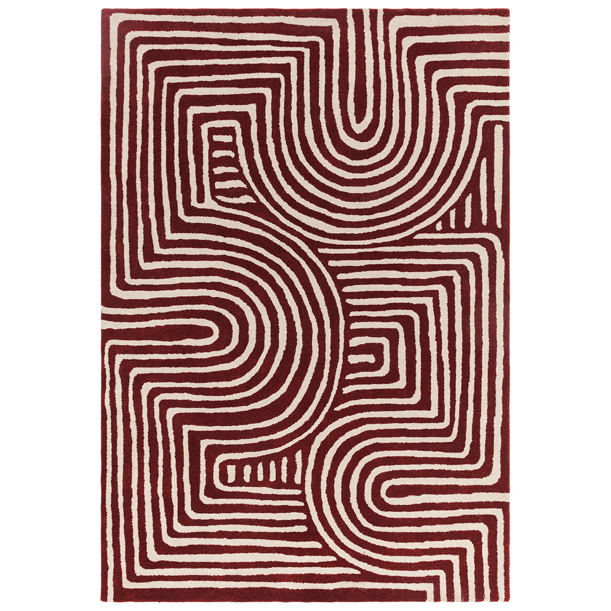 Rug with red and beige wavy pattern on a white background