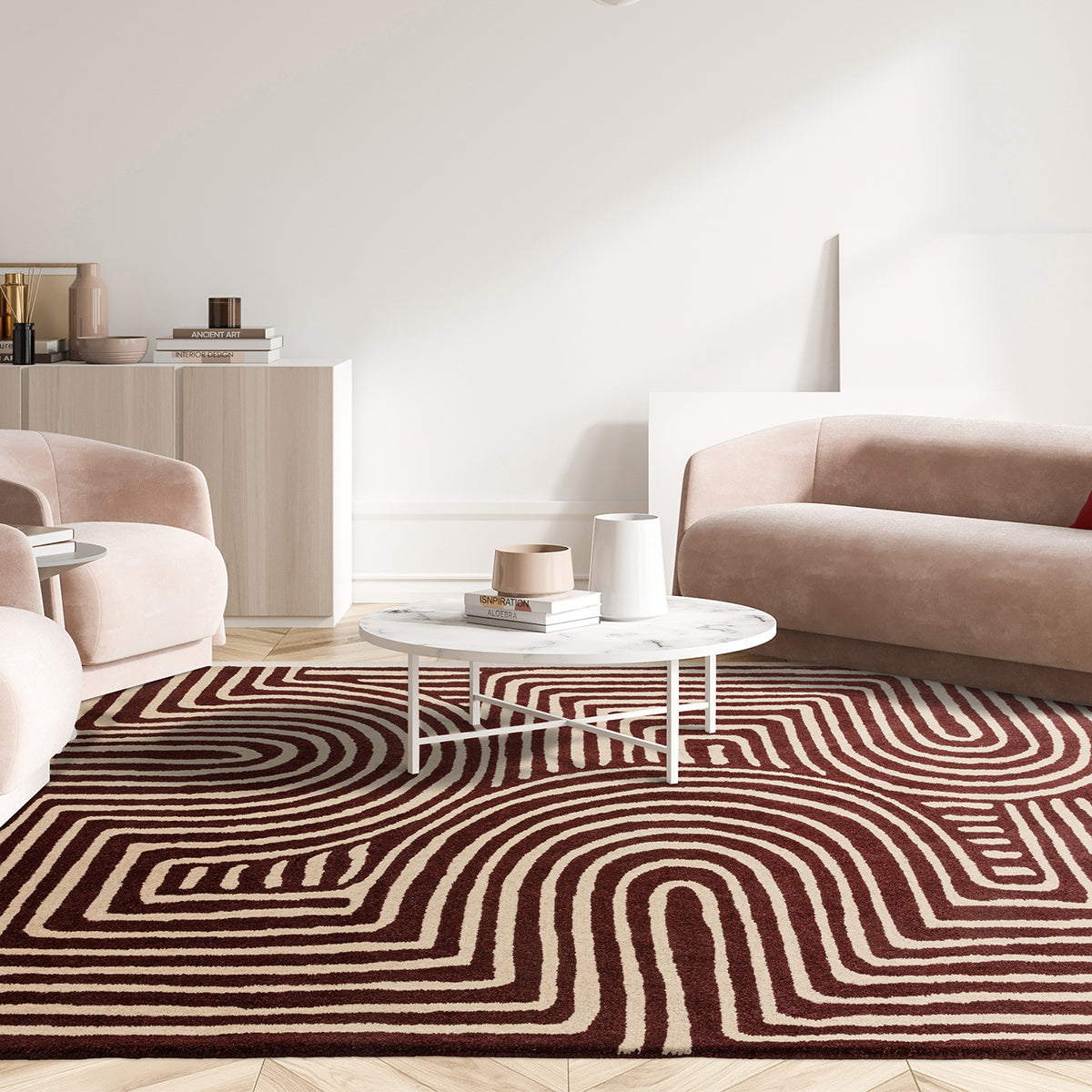 Modern living room with a patterned rug, sofa, and coffee table.
