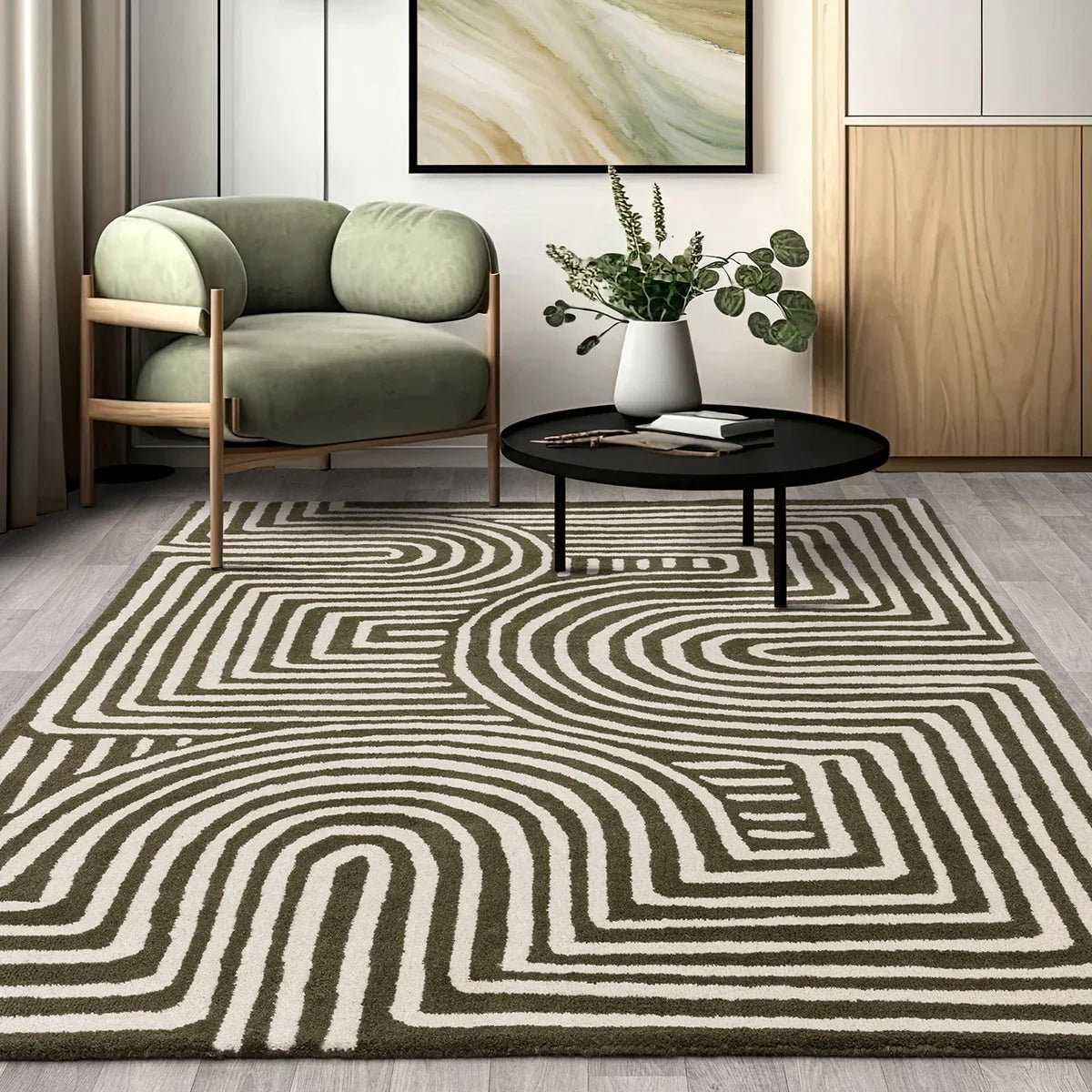 Asiatic Reef Curve Forest Designer Rug featuring spiral reef pattern in brown and cream on beige floor, hand-tufted wool