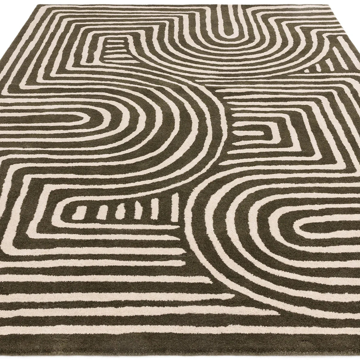 Asiatic Reef Curve Forest Rug featuring reef-maze pattern in chocolate brown and cream on beige background, machine-made wool