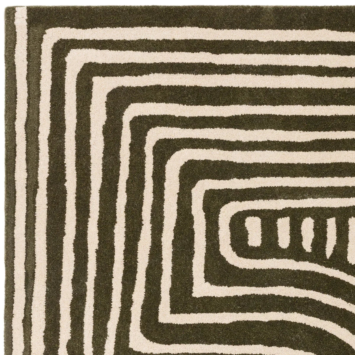 Asiatic Reef Curve Forest Rug featuring reef-curve pattern in dark espresso brown and cream on beige background, hand-tufted wool