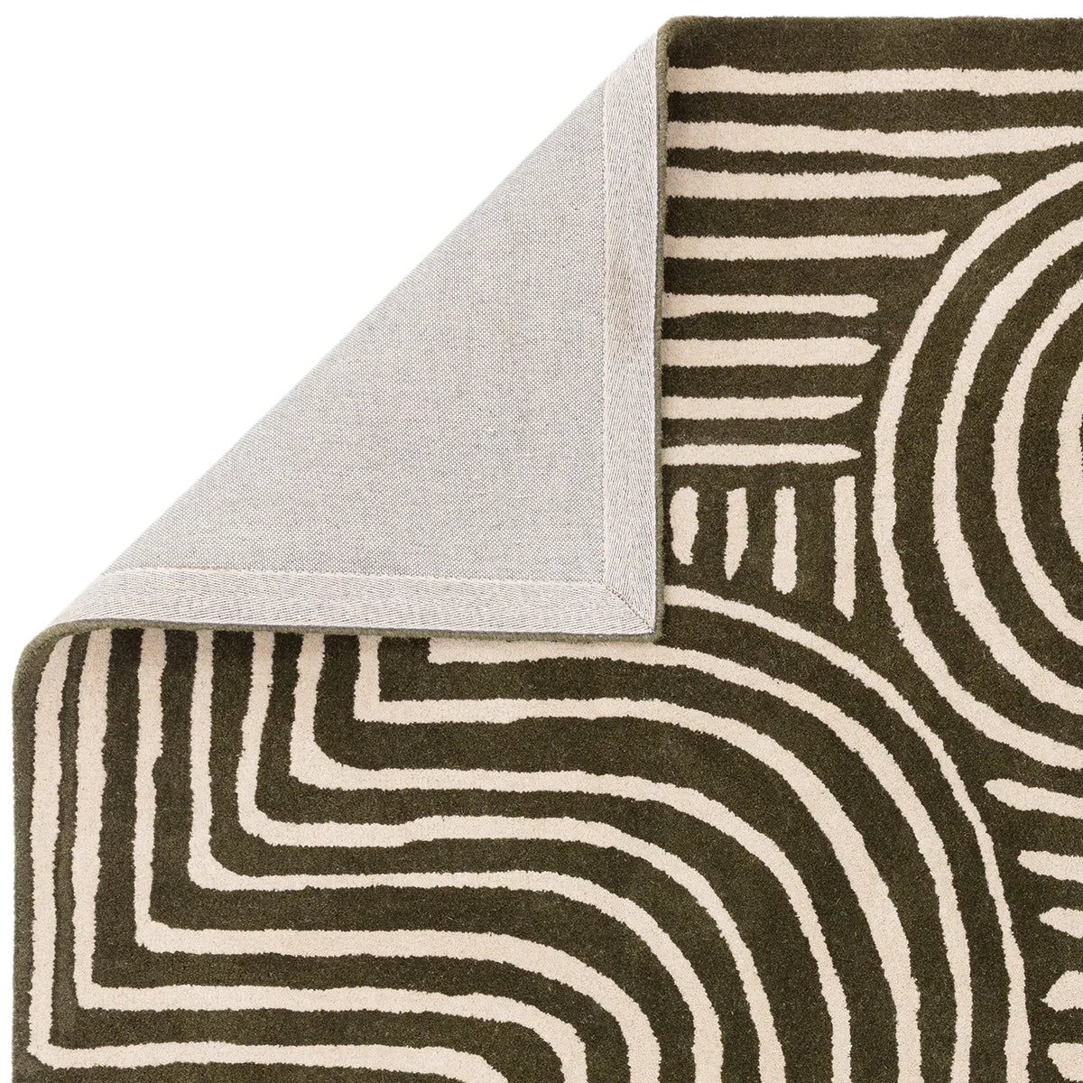Asiatic Reef Curve Forest rug featuring abstract curved stripe pattern in forest green, olive and cream on beige background, hand-tufted wool