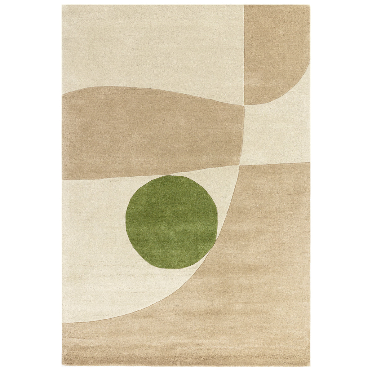Rug with abstract design featuring a green circle on a beige background