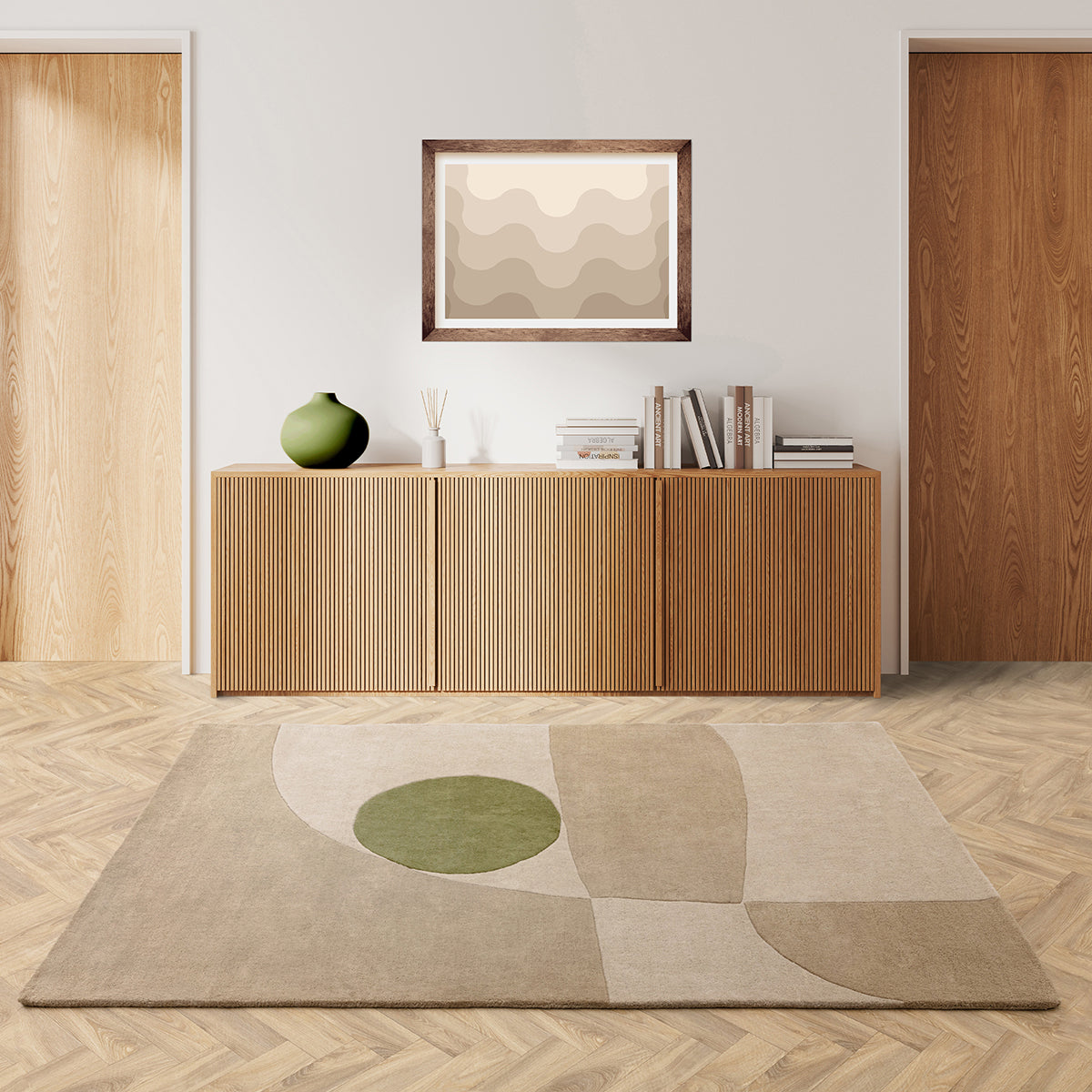 Modern interior with wooden cabinet, abstract rug, and framed artwork.