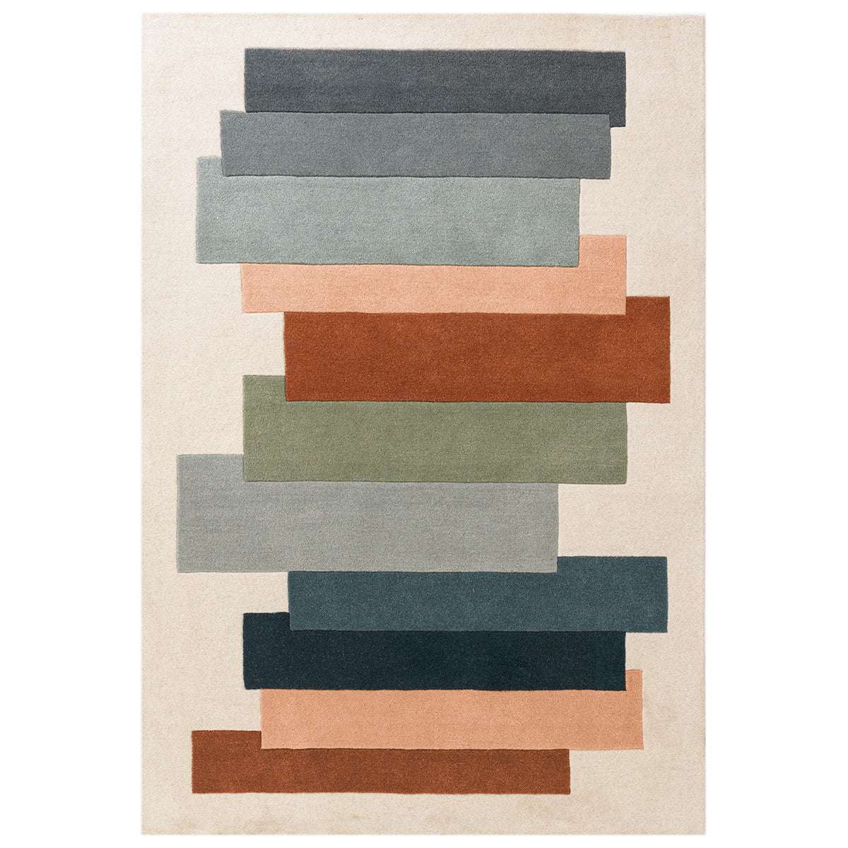 Rectangular rug with a geometric pattern of stacked bars in various colors on a beige background