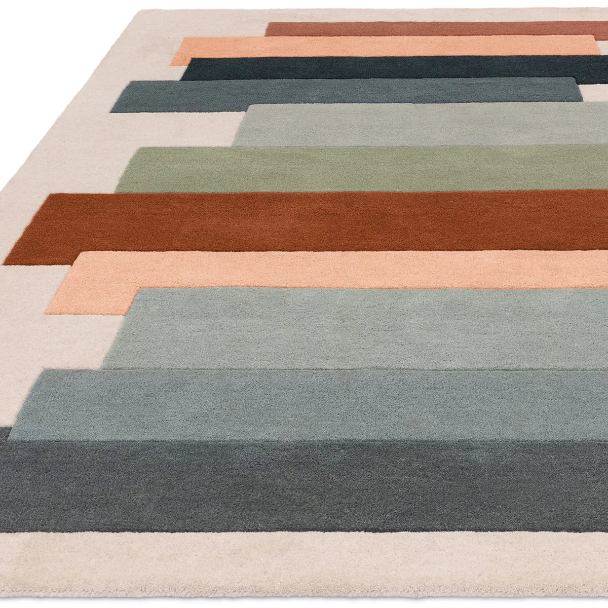 Asiatic Reef 32 Stacks Green Designer Rug featuring stacked stripe pattern in peach, rust, sage green, olive, blue-gray and navy on beige background, hand-tufted wool