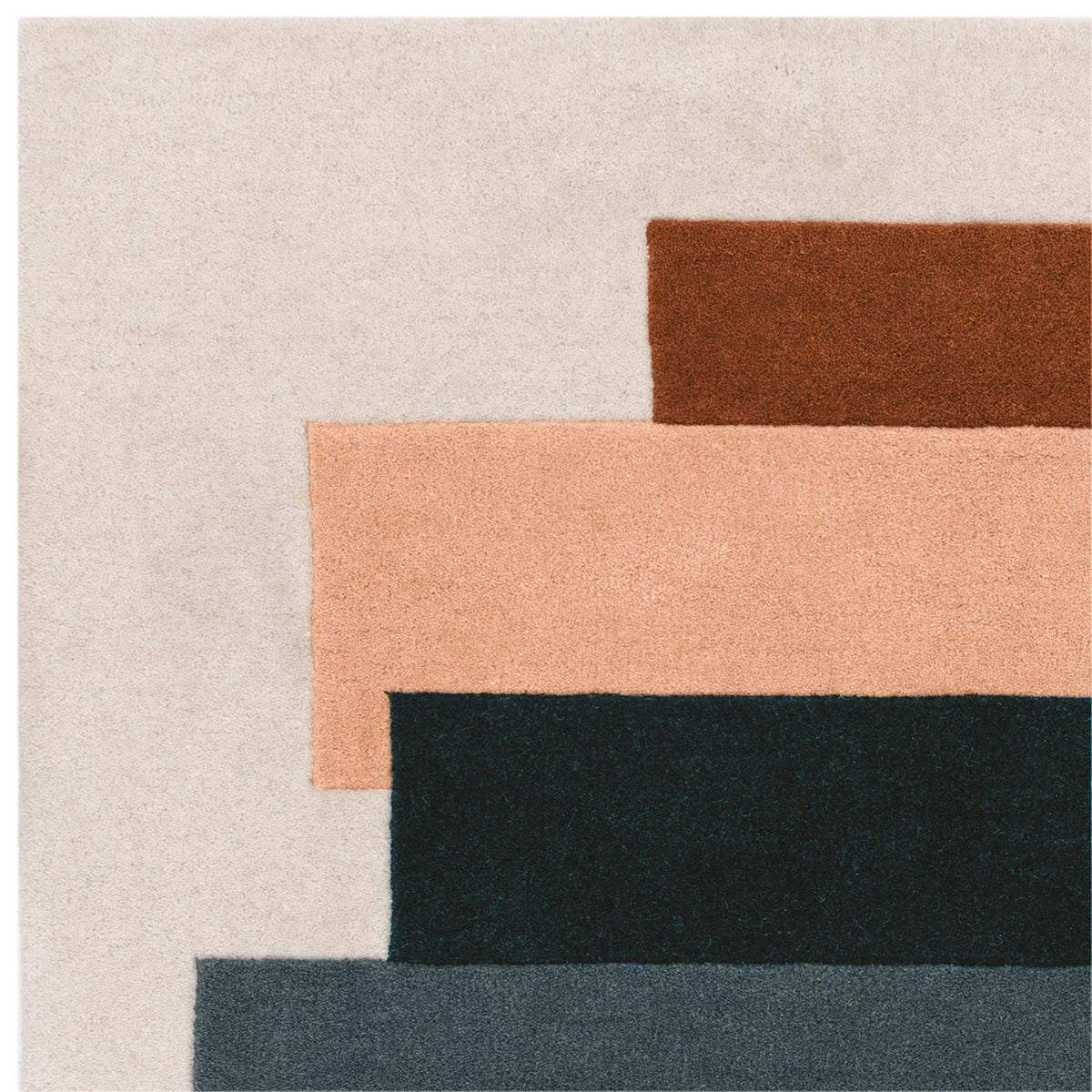 Asiatic Reef 32 Stacks Green Rug featuring stacked blocks in rust brown, peach, deep teal on cream background, hand-tufted wool