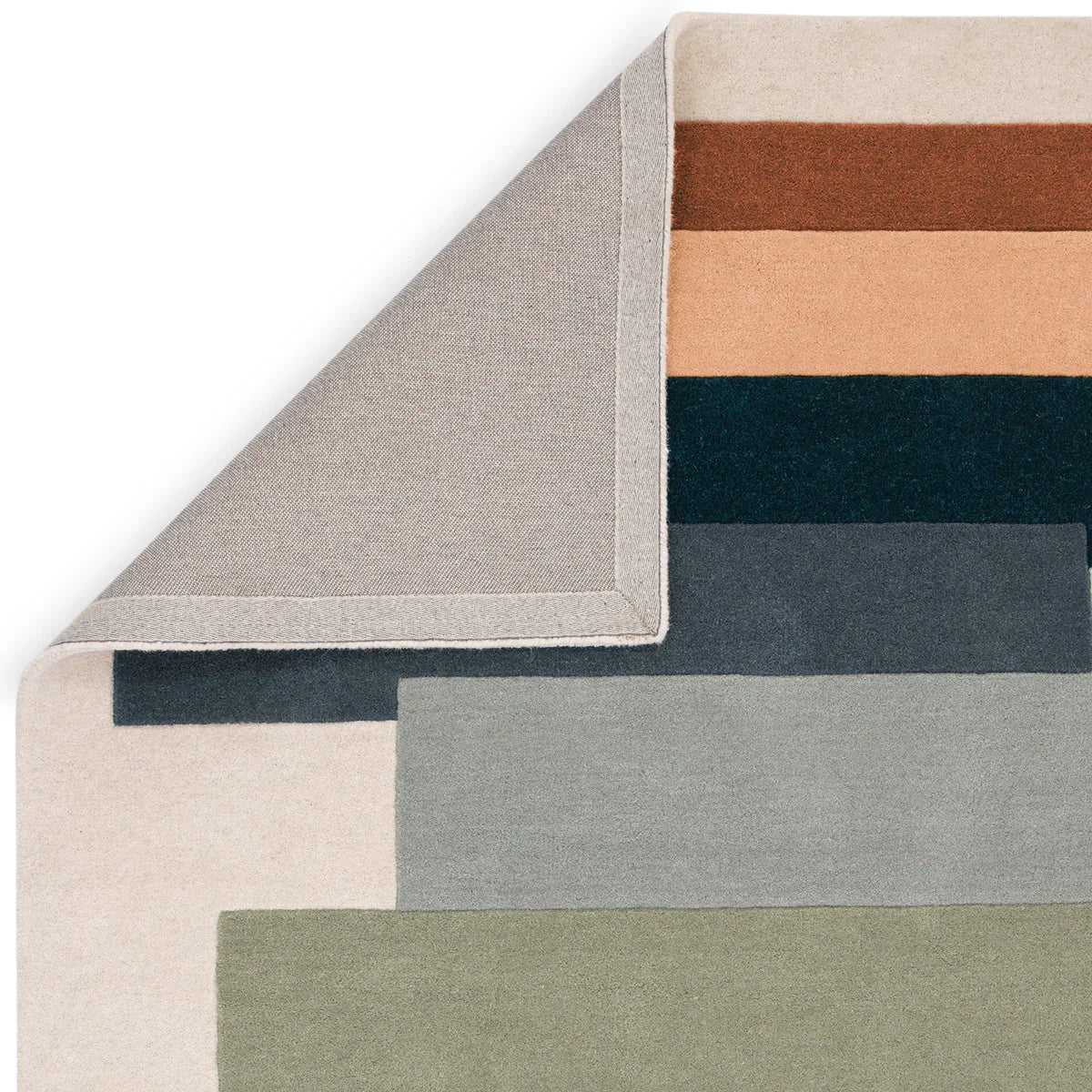 Asiatic Reef 32 Stacks Green Designer Rug featuring stacked stripe pattern in emerald green, sage, beige, navy on cream background, hand-tufted wool