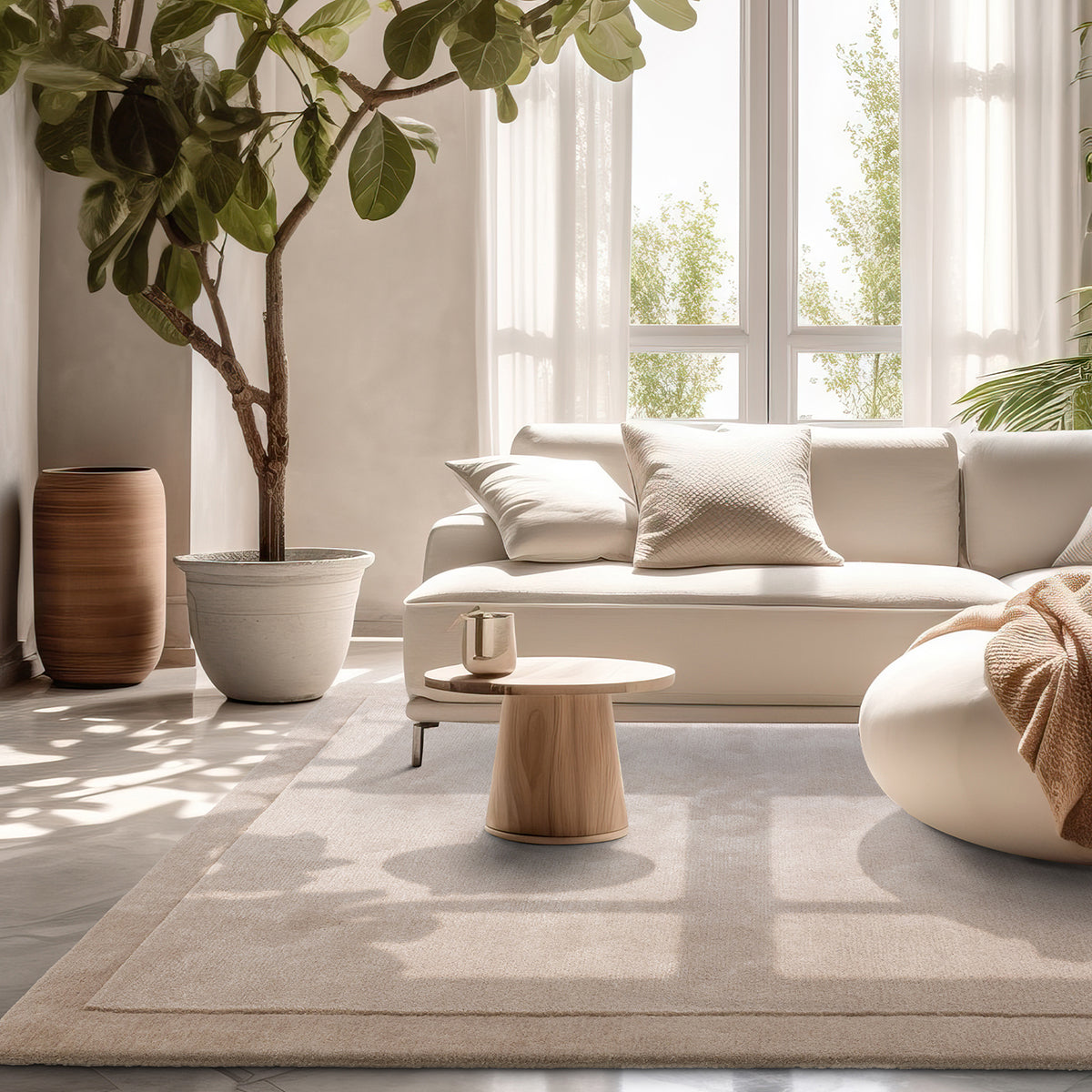Modern living room with a beige sofa, wooden coffee table, and potted plants.